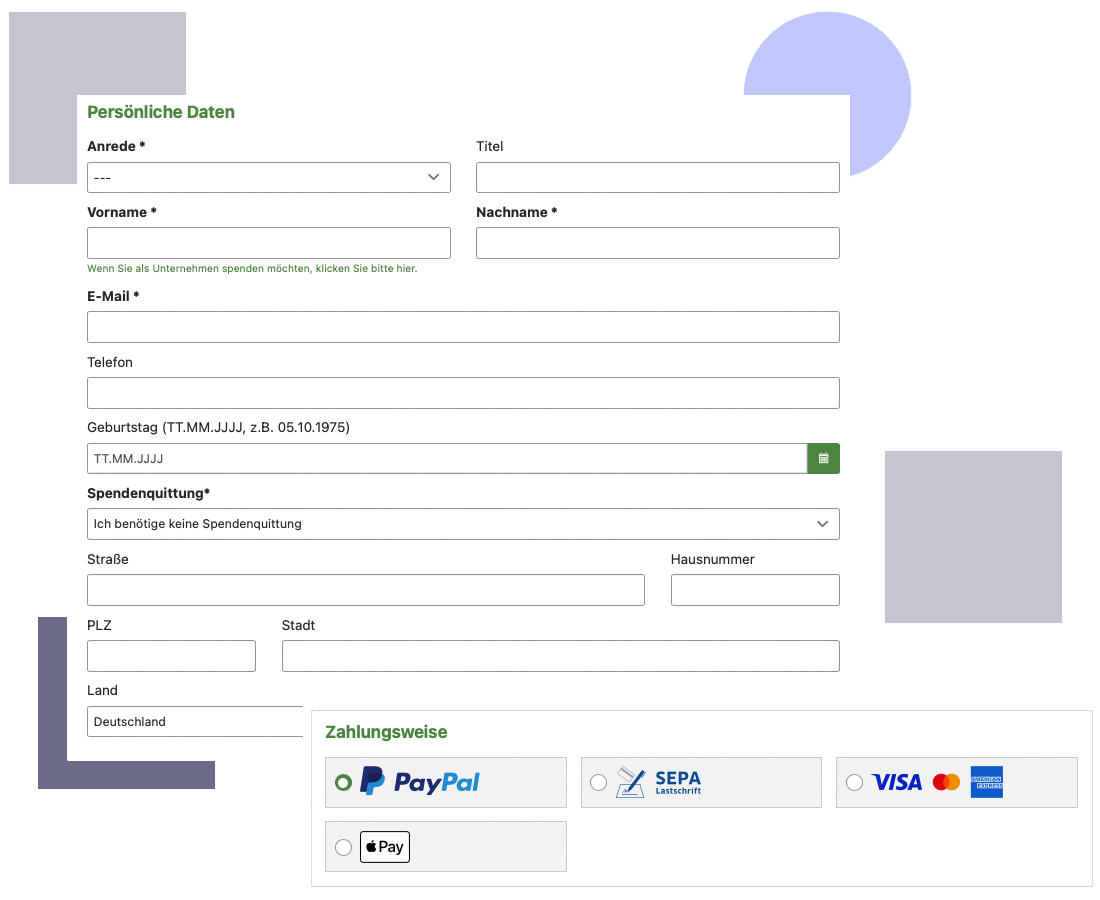Flexibles Spendenformular mit anpassbaren Feldern und verschiedenen Zahlungsweisen